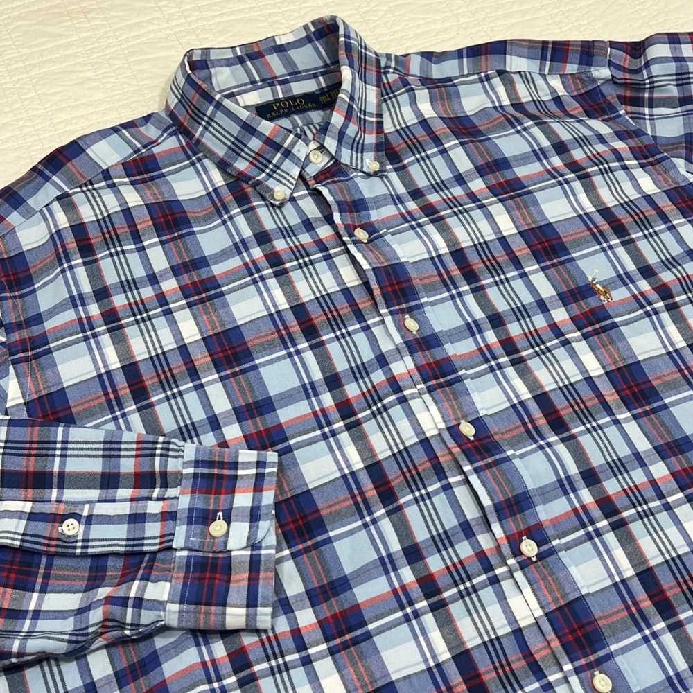 Polo Ralph Lauren Mens 2XLT Button Down Oxford Cloth Shirt Blue Red White OCBD